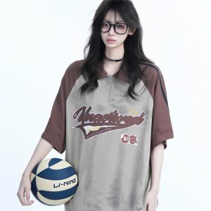 American Retro Embroidered Half-Zip Collar Short Sleeve T-Shirt for Women, Loose Fit, Trendy Vintage Style