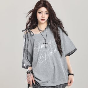 American Retro Embroidered Off-Shoulder Short Sleeve T-Shirt for Women, Summer 2025 Loose Faux Two-Piece Shoulder-Baring Top