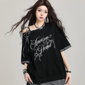 American Retro Embroidered Off-Shoulder Short Sleeve T-Shirt for Women, Summer 2025 Loose Faux Two-Piece Shoulder-Baring Top