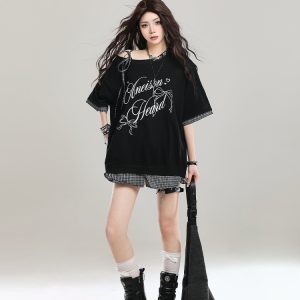 American Retro Embroidered Off-Shoulder Short Sleeve T-Shirt for Women, Summer 2025 Loose Faux Two-Piece Shoulder-Baring Top