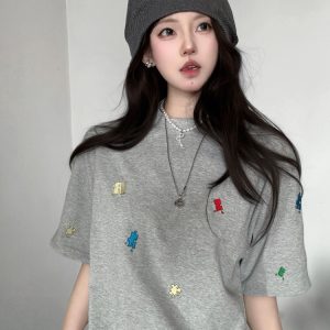 American Retro Embroidered Puzzle Graphic Short Sleeve T-Shirt for Women - Trendy Summer Couple Top, High-End Fashion