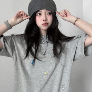 American Retro Embroidered Puzzle Graphic Short Sleeve T-Shirt for Women - Trendy Summer Couple Top, High-End Fashion