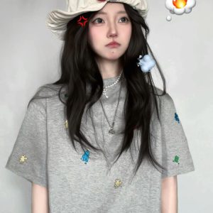 American Retro Embroidered Puzzle Graphic Short Sleeve T-Shirt for Women - Trendy Summer Couple Top, High-End Fashion