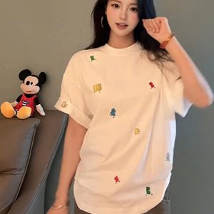 American Retro Embroidered Puzzle Graphic Short Sleeve T-Shirt for Women - Trendy Summer Couple Top, High-End Fashion