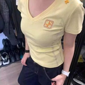 American Retro Embroidered V-Neck Short Sleeve T-Shirt for Women - Summer 2025 Slim Fit Cropped Top, Sexy Y2K Style