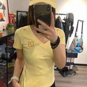 American Retro Embroidered V-Neck Short Sleeve T-Shirt for Women - Summer 2025 Slim Fit Cropped Top, Sexy Y2K Style