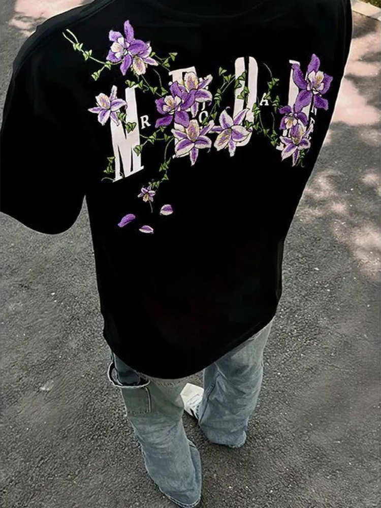 American Retro Embroidered Vine Floral Short Sleeve T-Shirt for Women - Trendy Oversized Summer 2025 High Street Style American Retro Embroidered Vine Floral Short Sleeve T-Shirt for Women - Trendy Oversized Summer 2025 High Street Style