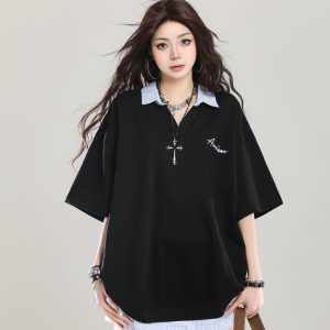 American Retro Fake Two-Piece Lapel Polo Shirt Short Sleeve T-Shirt for Girls - Summer Loose Fit 2025 Vintage Style Top