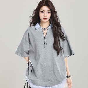 American Retro Fake Two-Piece Lapel Polo Shirt Short Sleeve T-Shirt for Girls - Summer Loose Fit 2025 Vintage Style Top