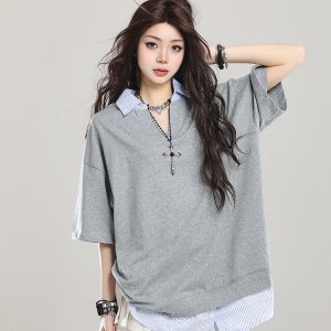 American Retro Fake Two-Piece Lapel Polo Shirt Short Sleeve T-Shirt for Girls - Summer Loose Fit 2025 Vintage Style Top