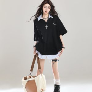 American Retro Fake Two-Piece Lapel Polo Shirt Short Sleeve T-Shirt for Girls - Summer Loose Fit 2025 Vintage Style Top