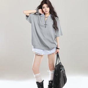 American Retro Fake Two-Piece Lapel Polo Shirt Short Sleeve T-Shirt for Girls - Summer Loose Fit 2025 Vintage Style Top