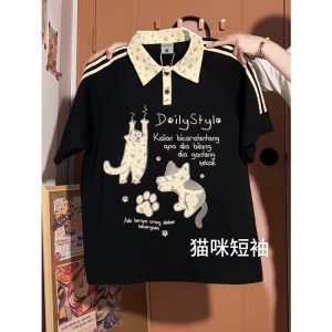 American Retro Floral Embroidered Cat Patchwork Polo Collar Short Sleeve T-Shirt for Women - Summer Y2K Style for Juniors