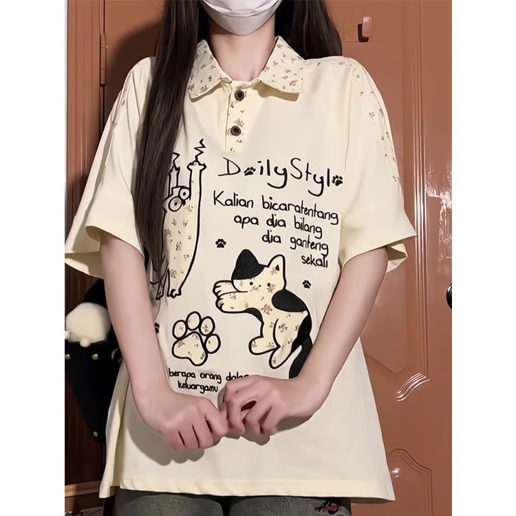 American Retro Floral Embroidered Cat Patchwork Polo Collar Short Sleeve T-Shirt for Women - Summer Y2K Style for Juniors American Retro Floral Embroidered Cat Patchwork Polo Collar Short Sleeve T-Shirt for Women - Summer Y2K Style for Juniors