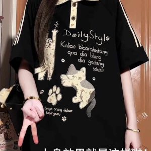 American Retro Floral Embroidered Cat Patchwork Polo Collar Short Sleeve T-Shirt for Women - Summer Y2K Style for Juniors