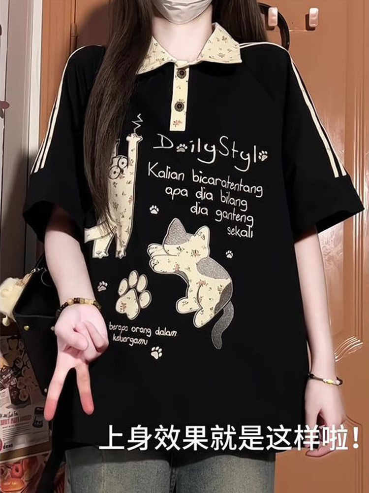 American Retro Floral Embroidered Cat Patchwork Polo Collar Short Sleeve T-Shirt for Women - Summer Y2K Style for Juniors American Retro Floral Embroidered Cat Patchwork Polo Collar Short Sleeve T-Shirt for Women - Summer Y2K Style for Juniors