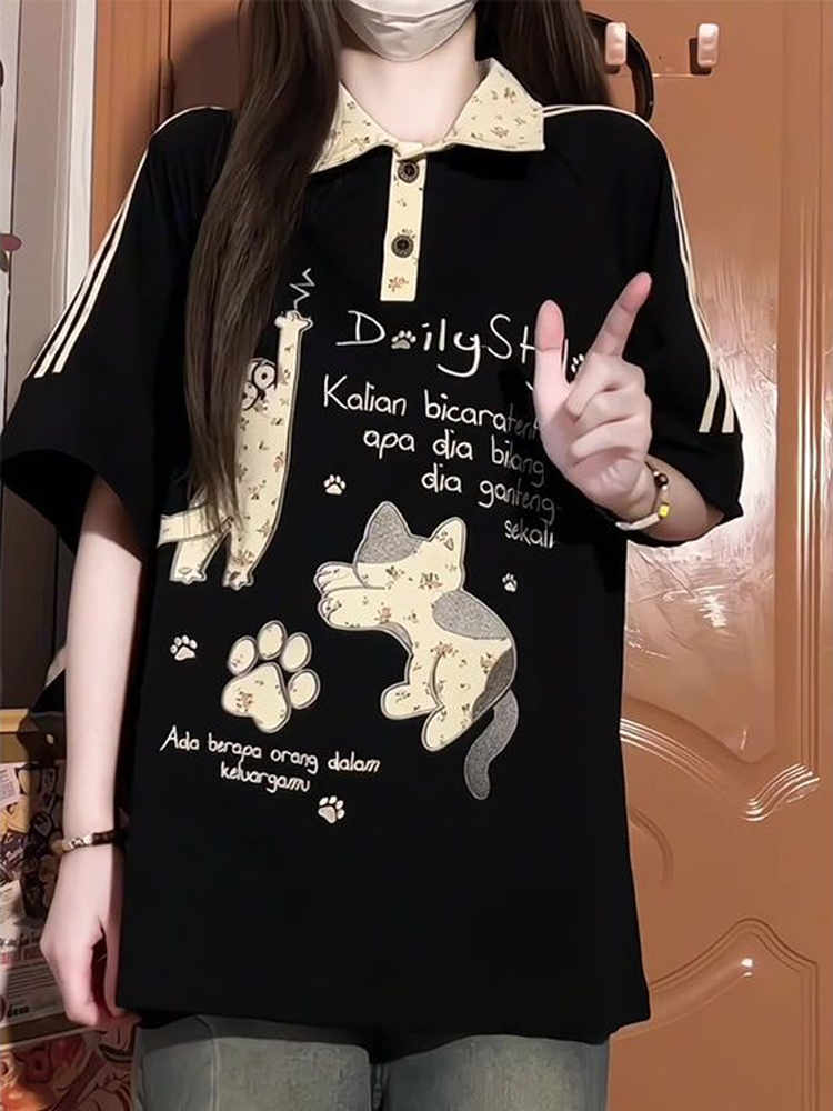 American Retro Floral Embroidered Cat Patchwork Polo Collar Short Sleeve T-Shirt for Women - Summer Y2K Style for Juniors American Retro Floral Embroidered Cat Patchwork Polo Collar Short Sleeve T-Shirt for Women - Summer Y2K Style for Juniors