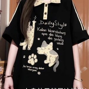 American Retro Floral Embroidered Cat Patchwork Polo Collar Short Sleeve T-Shirt for Women - Summer Y2K Style for Juniors