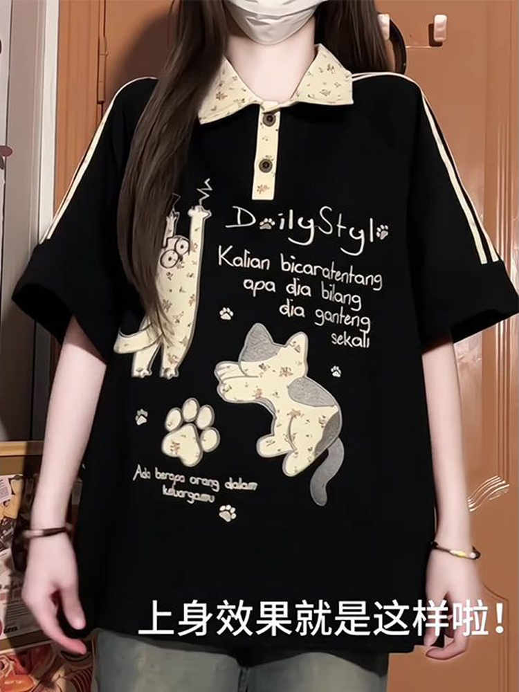 American Retro Floral Embroidered Cat Patchwork Polo Collar Short Sleeve T-Shirt for Women - Summer Y2K Style for Juniors American Retro Floral Embroidered Cat Patchwork Polo Collar Short Sleeve T-Shirt for Women - Summer Y2K Style for Juniors