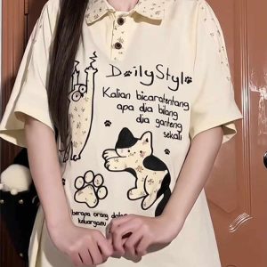 American Retro Floral Embroidered Cat Patchwork Polo Collar Short Sleeve T-Shirt for Women - Summer Y2K Style for Juniors