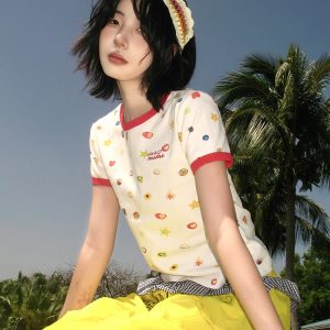 American Retro Fruit Print Color-Block Short Sleeve T-Shirt for Women - Slim Fit Round Neck College Style Summer Top