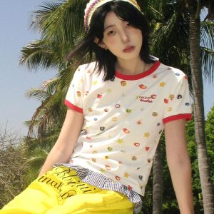 American Retro Fruit Print Color-Block Short Sleeve T-Shirt for Women - Slim Fit Round Neck College Style Summer Top