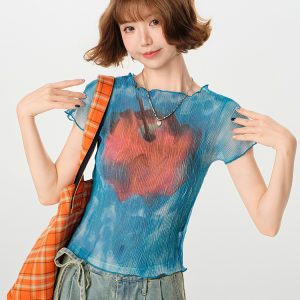 American Retro Gradient Print Short Sleeve T-Shirt for Women - Spicy Girl Waist-Cinching Slim Fit Summer Top