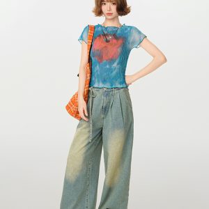 American Retro Gradient Print Short Sleeve T-Shirt for Women - Spicy Girl Waist-Cinching Slim Fit Summer Top