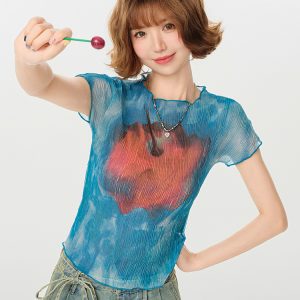 American Retro Gradient Print Short Sleeve T-Shirt for Women - Spicy Girl Waist-Cinching Slim Fit Summer Top