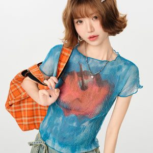 American Retro Gradient Print Short Sleeve T-Shirt for Women - Spicy Girl Waist-Cinching Slim Fit Summer Top