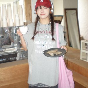 American Retro Gray Letter Print Cotton Heavyweight Loose Casual Short Sleeve T-Shirt for Men and Women, Y2K Style