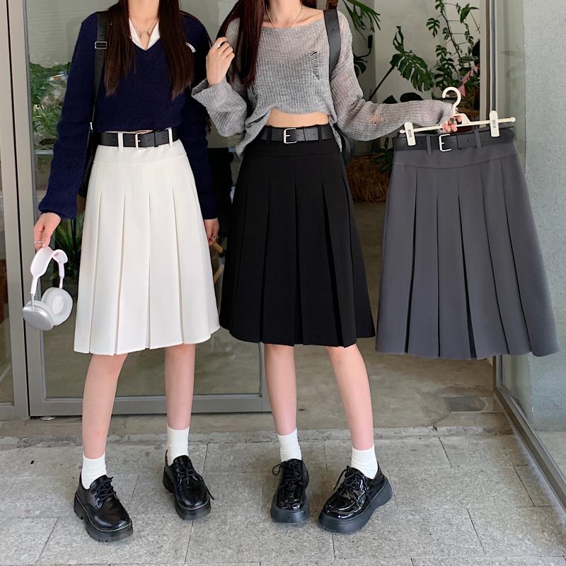 American Retro Gray Pleated Skirt - Women's Mid-Length A-Line College Style for Spring & Summer Plus Size Fashion