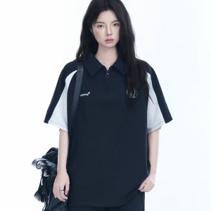 American Retro Half-Zip Collar Short-Sleeve T-Shirt for Women - Loose Fit Polo Style with Mountain-Inspired Graphic