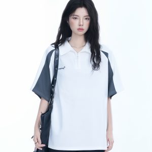 American Retro Half-Zip Collar Short-Sleeve T-Shirt for Women - Loose Fit Polo Style with Mountain-Inspired Graphic