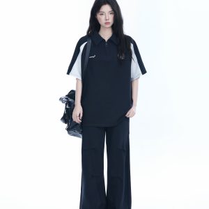 American Retro Half-Zip Collar Short-Sleeve T-Shirt for Women - Loose Fit Polo Style with Mountain-Inspired Graphic