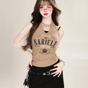 American Retro Halter Crop Top for Women with Drawstring Design, Sweet Faux Two-Piece Style, Perfect for Summer, Y2K Fashion