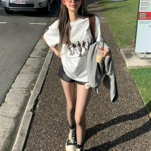 American Retro Hand-Drawn Couple Portrait Oversized T-Shirt for Women - Summer Short Sleeve Pure Cotton Loose Top