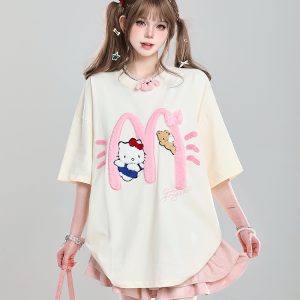 American Retro Hello Kitty Embroidered Short Sleeve T-Shirt for Women - Casual Summer Top with Vintage 90s Style