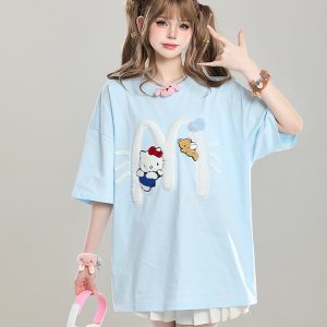 American Retro Hello Kitty Embroidered Short Sleeve T-Shirt for Women - Casual Summer Top with Vintage 90s Style
