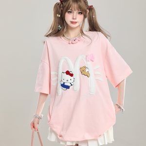 American Retro Hello Kitty Embroidered Short Sleeve T-Shirt for Women - Casual Summer Top with Vintage 90s Style