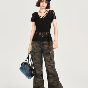 American Retro Hollowed-Out Ripped Short-Sleeve Cover-Up for Women - Slim-Fit Summer Top in Girly Style