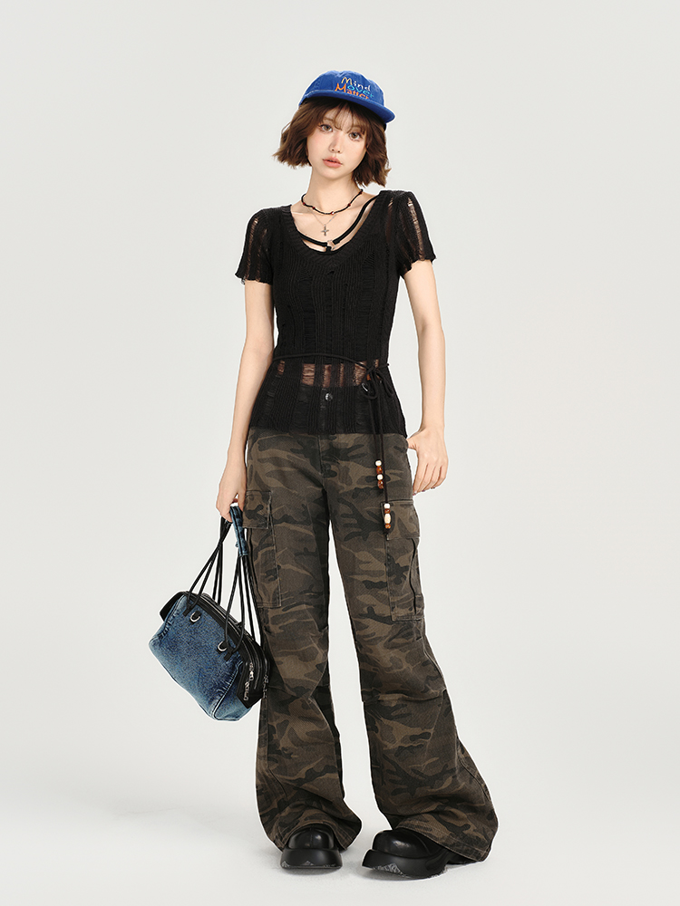 American Retro Hollowed-Out Ripped Short-Sleeve Cover-Up for Women - Slim-Fit Summer Top in Girly Style American Retro Hollowed-Out Ripped Short-Sleeve Cover-Up for Women - Slim-Fit Summer Top in Girly Style