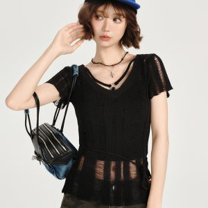 American Retro Hollowed-Out Ripped Short-Sleeve Cover-Up for Women - Slim-Fit Summer Top in Girly Style