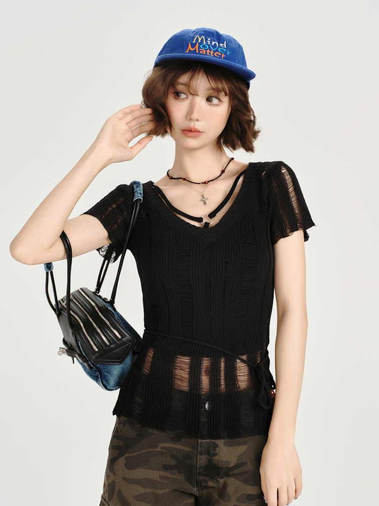 American Retro Hollowed-Out Ripped Short-Sleeve Cover-Up for Women - Slim-Fit Summer Top in Girly Style American Retro Hollowed-Out Ripped Short-Sleeve Cover-Up for Women - Slim-Fit Summer Top in Girly Style