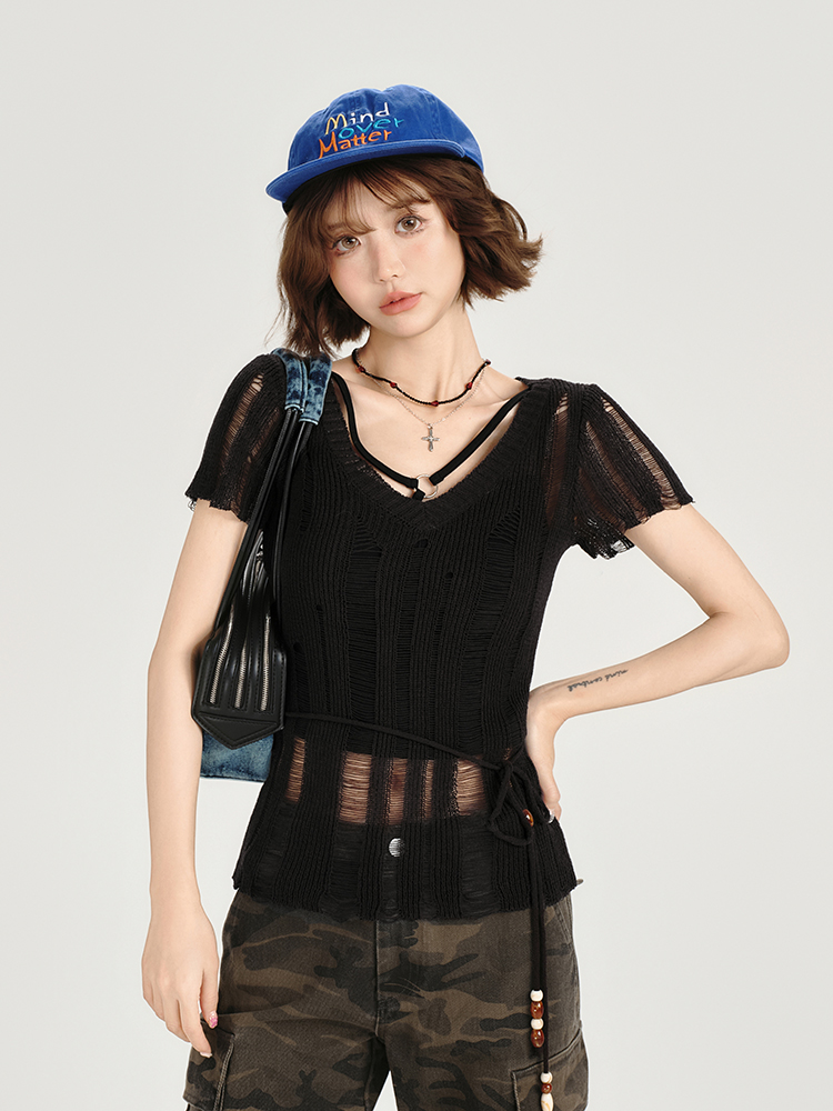 American Retro Hollowed-Out Ripped Short-Sleeve Cover-Up for Women - Slim-Fit Summer Top in Girly Style American Retro Hollowed-Out Ripped Short-Sleeve Cover-Up for Women - Slim-Fit Summer Top in Girly Style