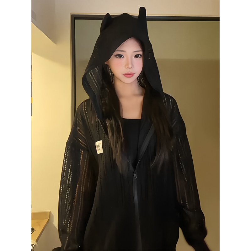 American Retro Hooded Sweatshirt for Women - 3D Ear Mesh Zip-Up Long Sleeve Sun Protection Jacket - Loose Fit Spring Summer Top