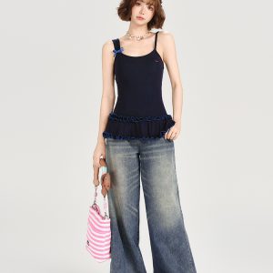 American Retro Lace Hem Camisole for Women - Summer Slim-Fit Top, Versatile Y2K Style