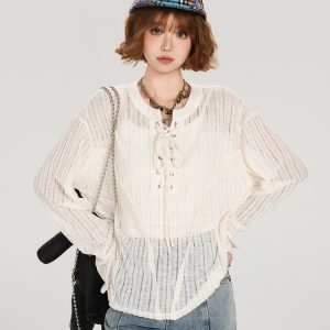 American Retro Lace-Up Hollow Sun Protection Shirt for Women - Summer Casual Loose Slimming Top