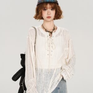 American Retro Lace-Up Hollow Sun Protection Shirt for Women - Summer Casual Loose Slimming Top