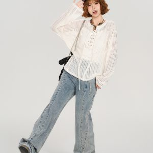 American Retro Lace-Up Hollow Sun Protection Shirt for Women - Summer Casual Loose Slimming Top